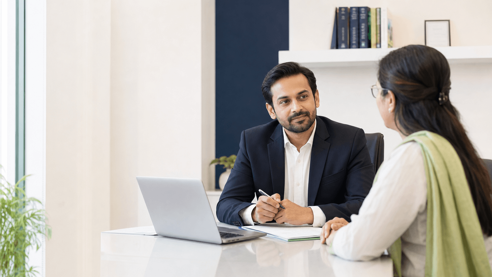 A calm legal consultation with an Indian advisor and client